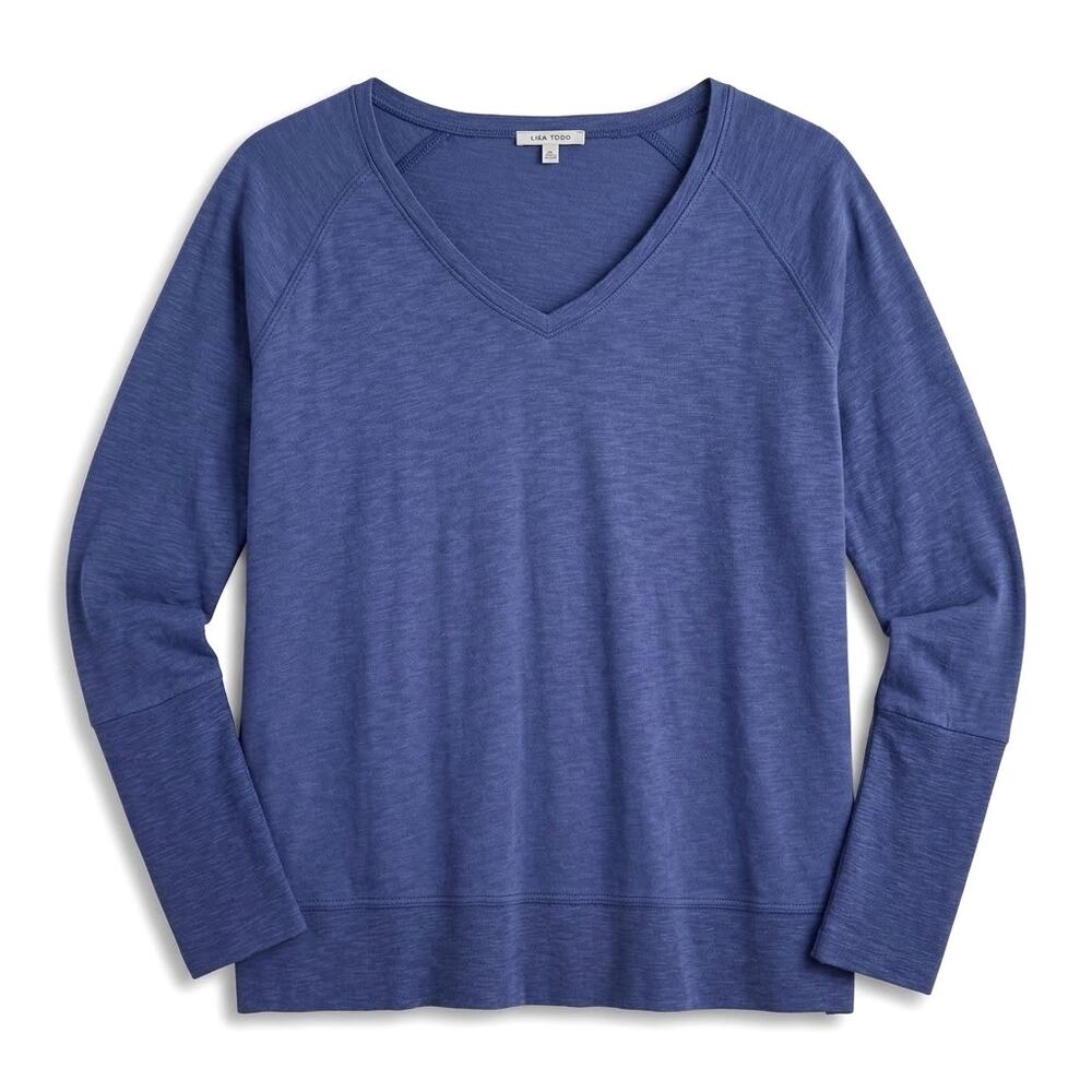 Lisa Todd Relaxed Raglan Shirt Blue V Neck Luxury Pima Cotton Casual Womens XS